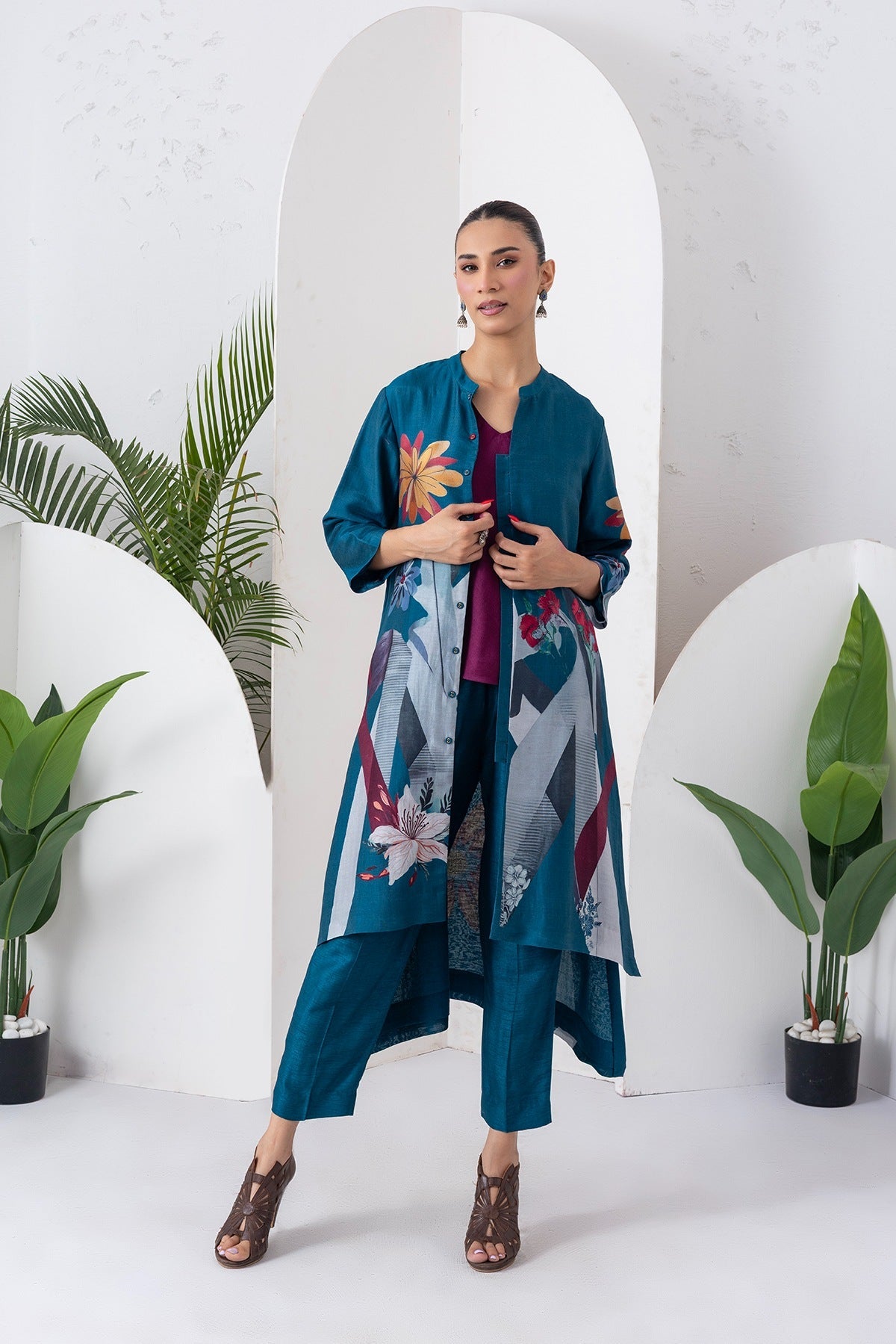Indigo Silk Chanderi Printed High-Low Dress Set (3 PCS)