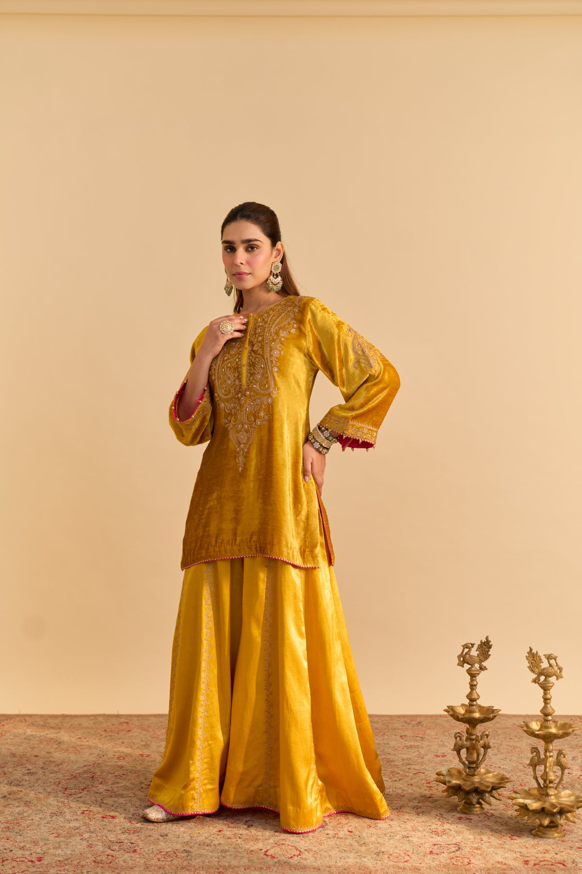 Mustard Velvet Kurta with Sharara Set for Festive Weddings