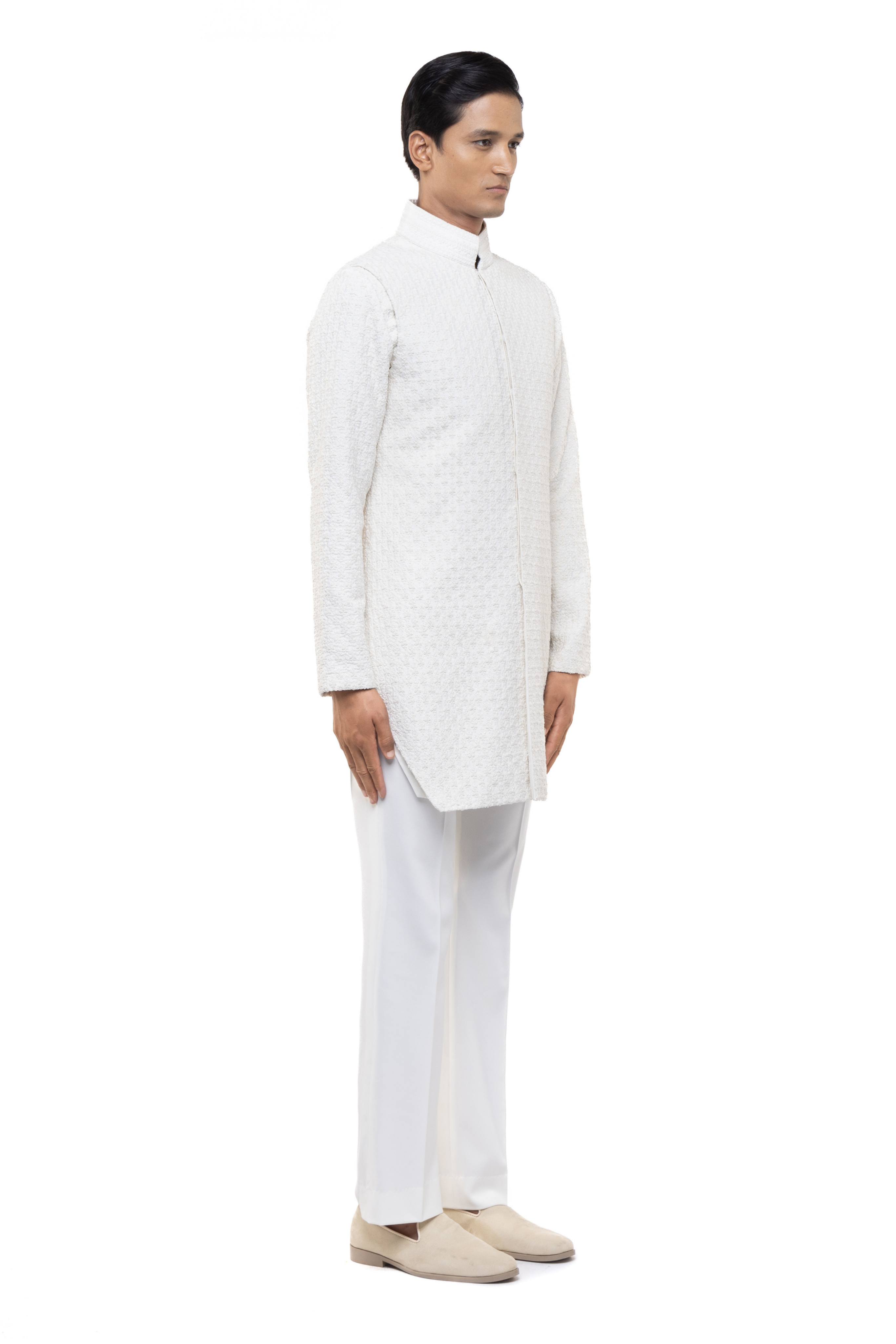 Ivory Silk Floral Embroidery Deconstructed Jacket & Achkan Set