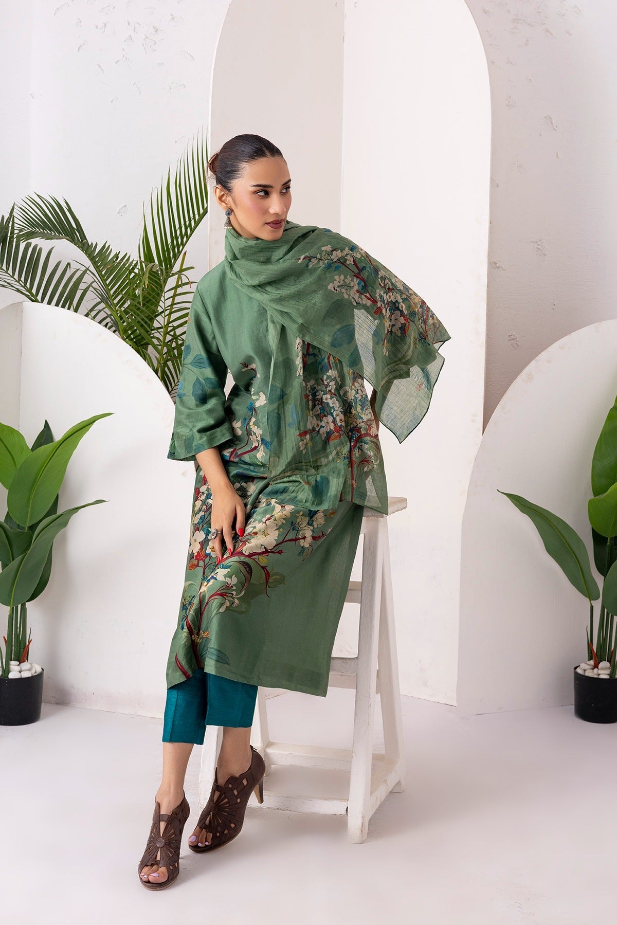 Sage Green Silk Chanderi Printed Front Pleat Tunic Set (2 PCS)