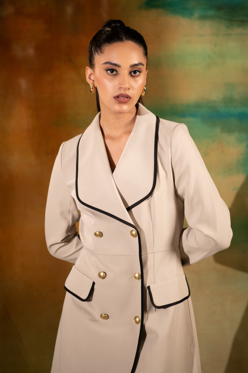 Emelie Silk Crepe Shawl Collar Dress with Contrast Detailing