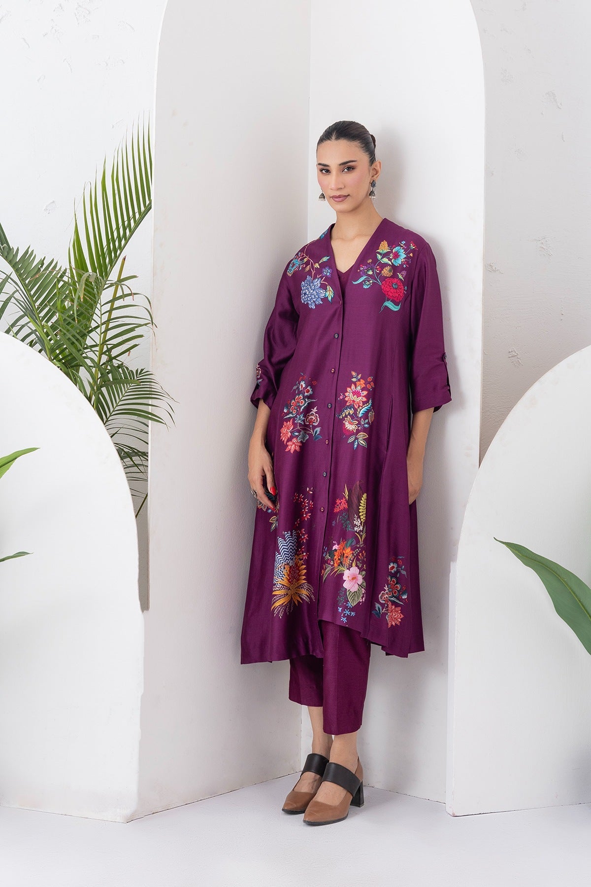 Wine Silk Chanderi Printed High-Low Dress Set (3 PCS)