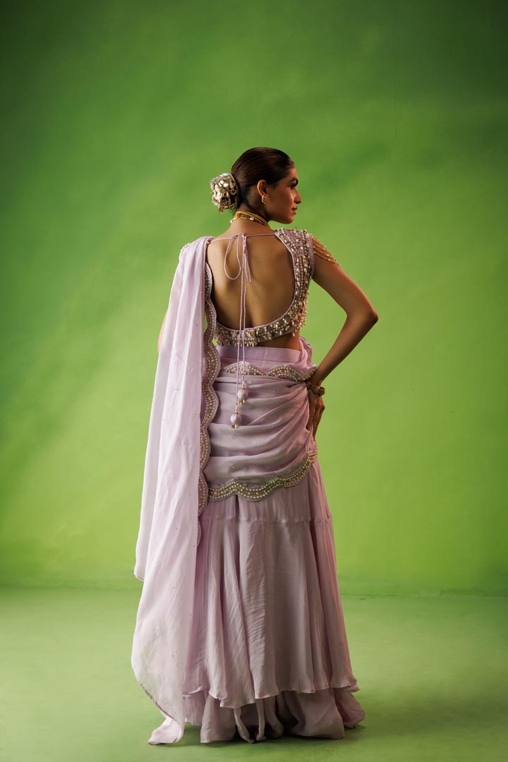 Lavender ruffle saree set
