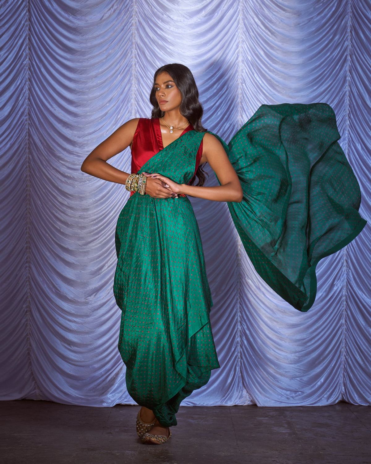 Black red bandhni drape saree