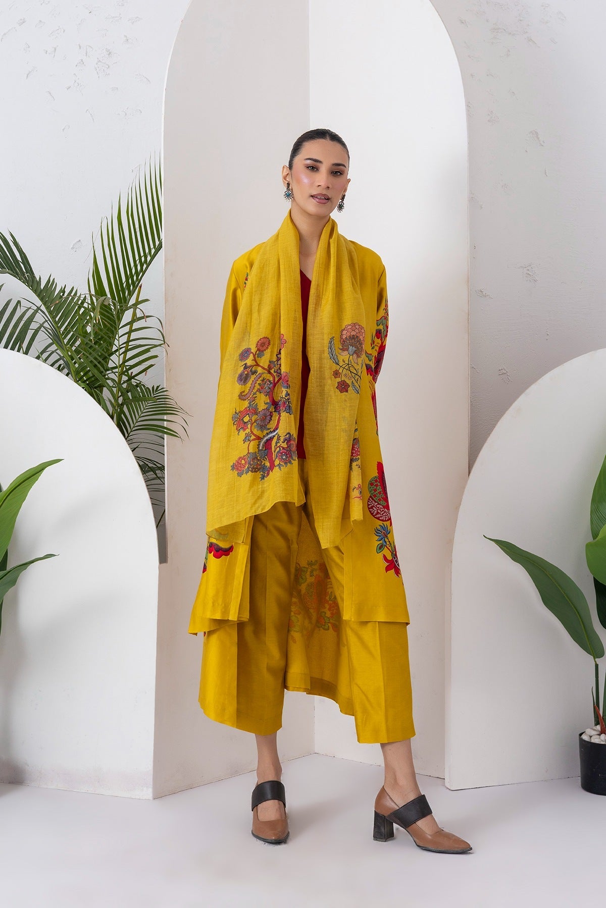 Yellow Silk Chanderi Printed Front Open Floral High-Low Dress Set (3 PCS)