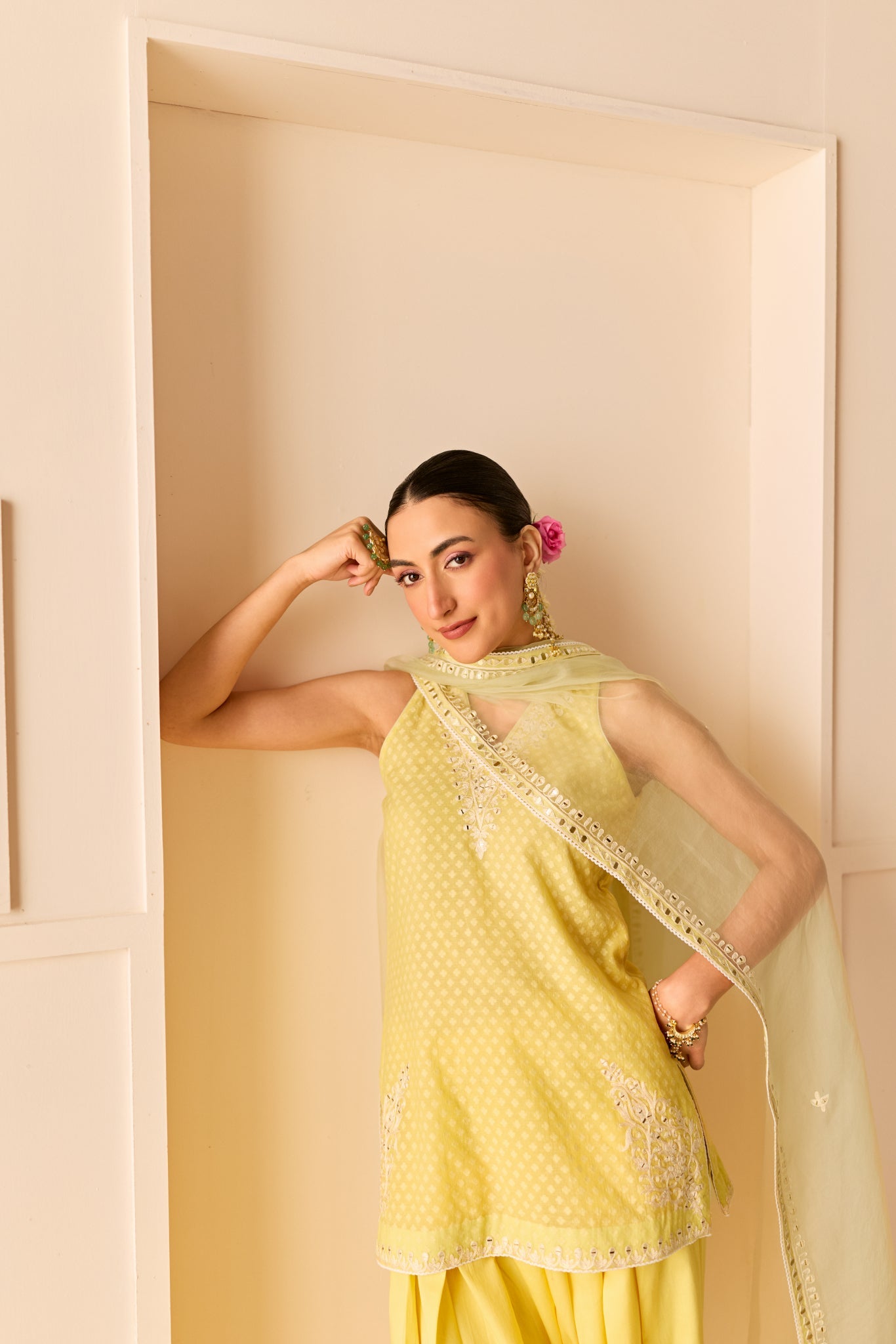 MIRAL - LEMON YELLOW SHORT KURTA WITH FARSI SALWAR AND DUPATTA