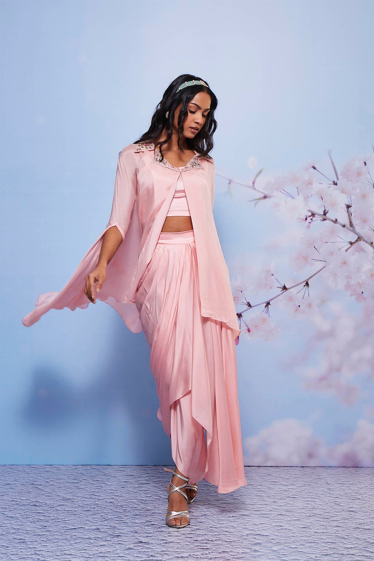 Zarin Baby Pink Embroidered Cape and Pick Up Skirt Set