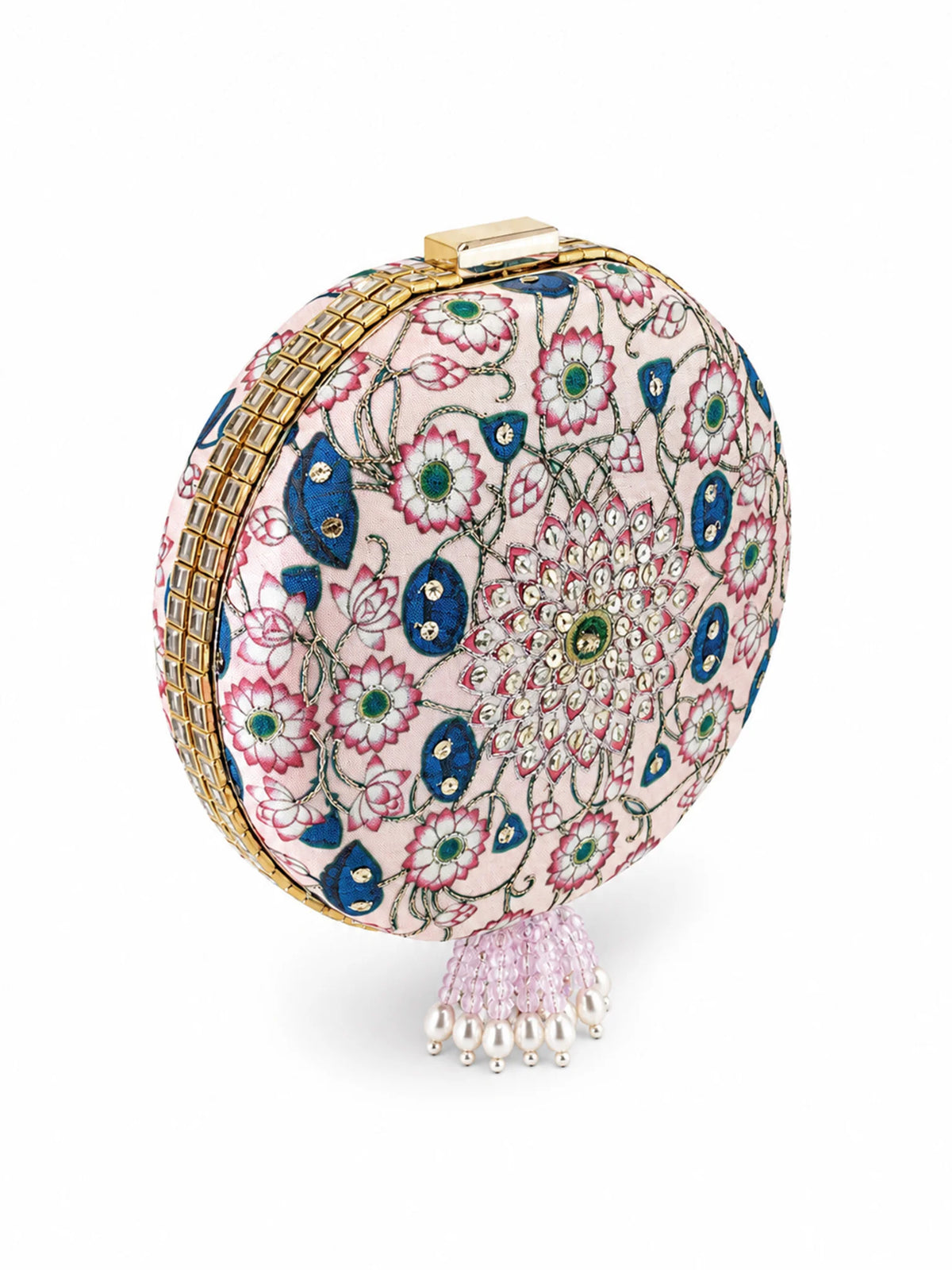 Pink Pichwai Lotus Embellished Round Clutch Bag with Beaded Handle