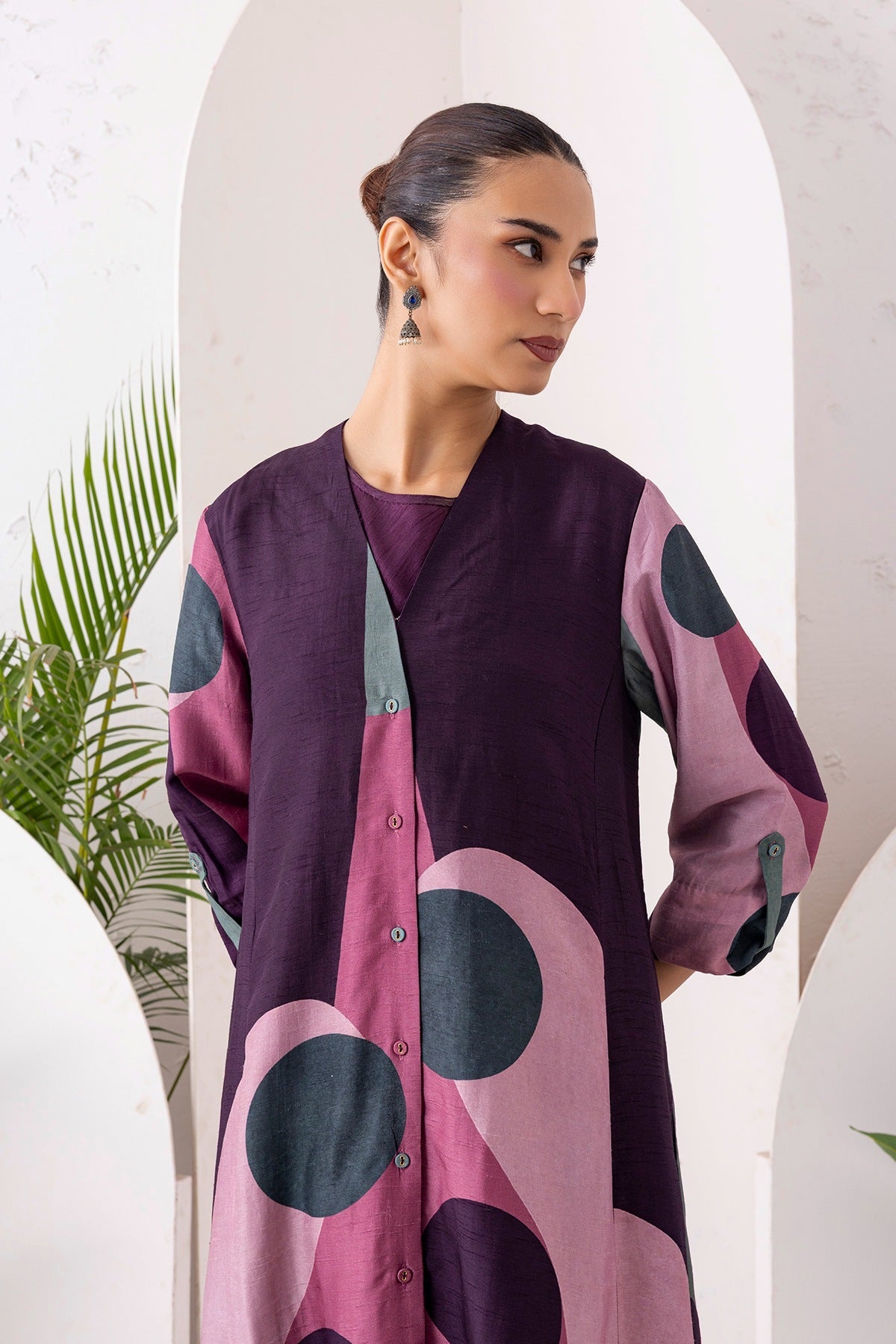 Salmon Pink & Wine Viscose Dupion Printed Dress Set (3 PCS)