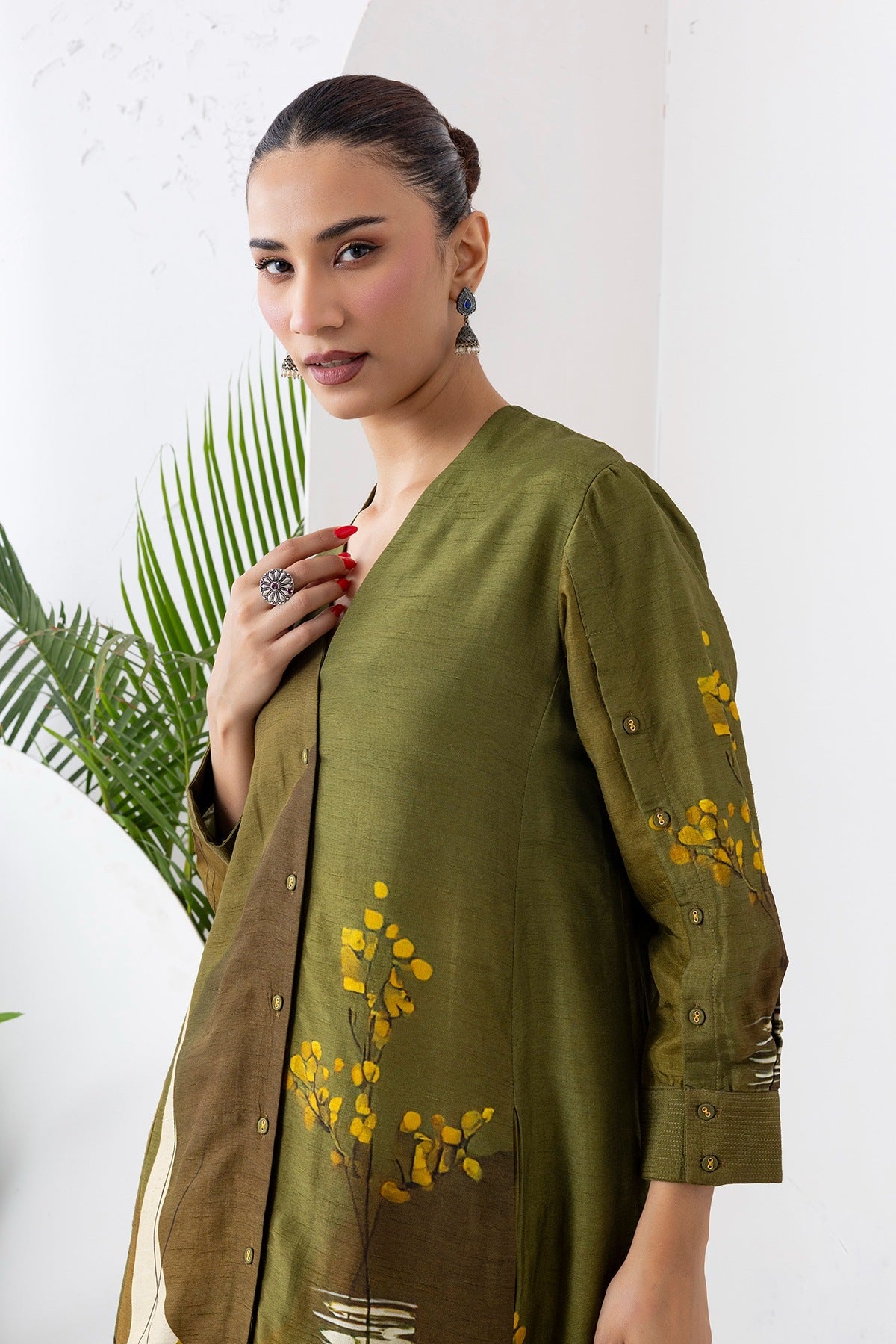 Moss Green Shaded Viscose Dupion Printed High-Low Dress Set (2 PCS)