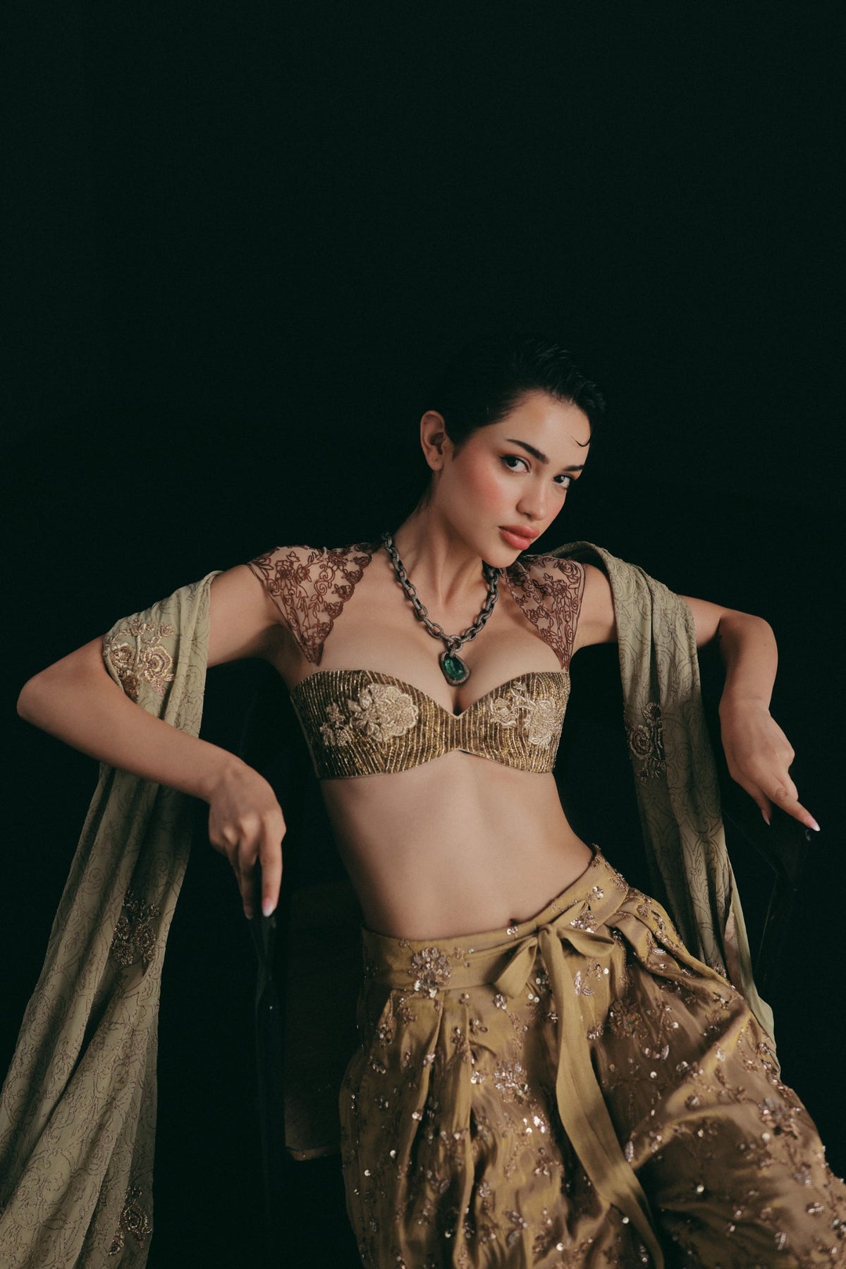 Zardosi Embroidery, Silk & Tulle with Voile, Three Piece Set, Crop and Pant Silhouette