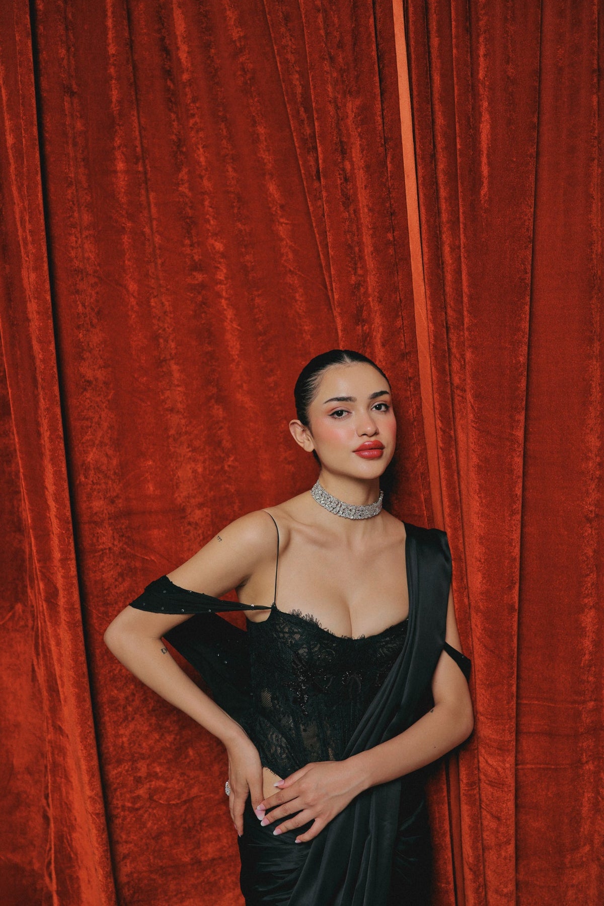 Black, Zardosi Embroidery, French Lace & Silk, Pre-Stitched Sari Set, Corset Silhouette