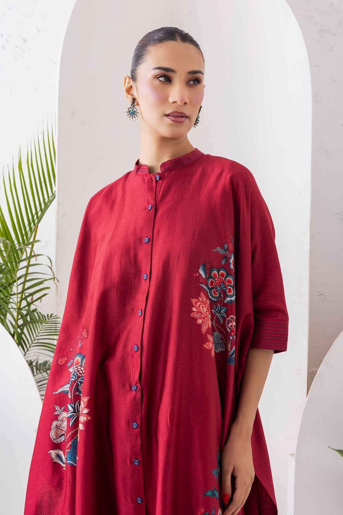 Maroon Silk Chanderi Printed Kaftan Style Dress Set (3 PCS)