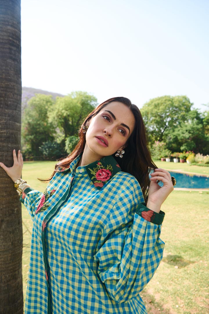 LAYLA GREEN CROSSS STITCH SHIRT DRESS