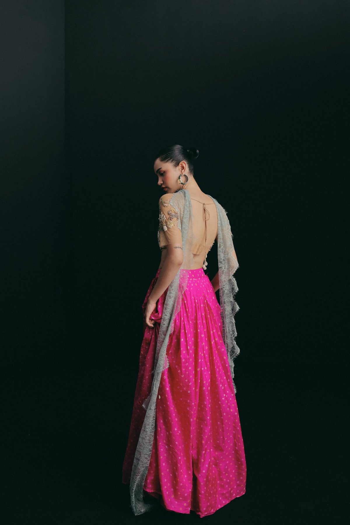 Shell Motif Embroidery, Stretch Tulle & Handwoven Silk Bandhini, Skirt Set, Underwired Blouse Silhouette