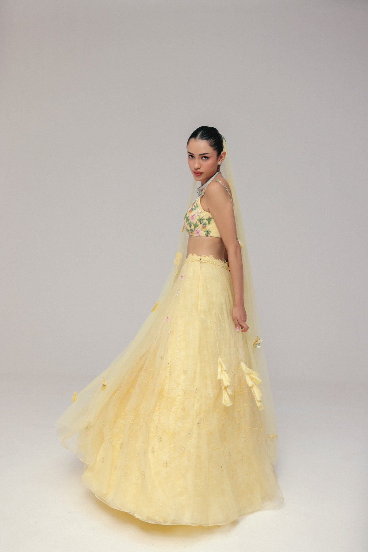 Beaded Motif Embroidery, Soft Tulle & Silk Organza with French Lace, Skirt Set, Embroidered Blouse Silhouette