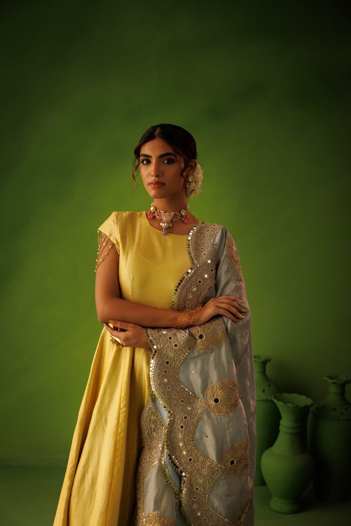 Powder blue and yellow reversible anarkali set with blue dupatta