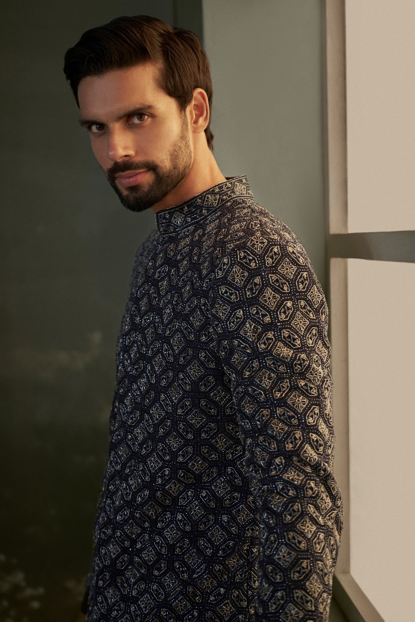 Navy Blue Raw Silk Embroidered Sherwani with Kurta & Churidar