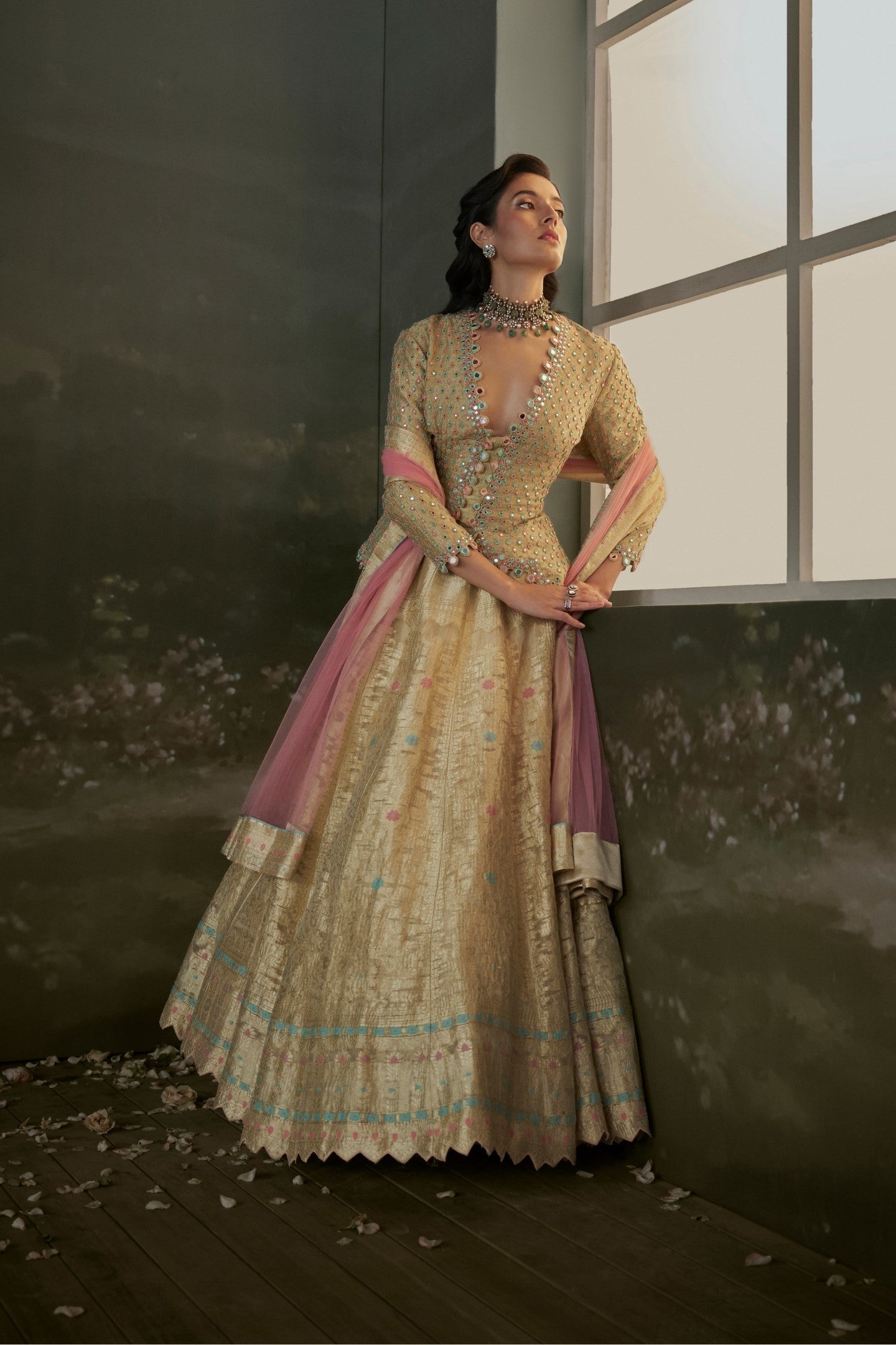 Gold Woven Banarasi Silk Lehenga with Jacket Blouse & Net Dupatta