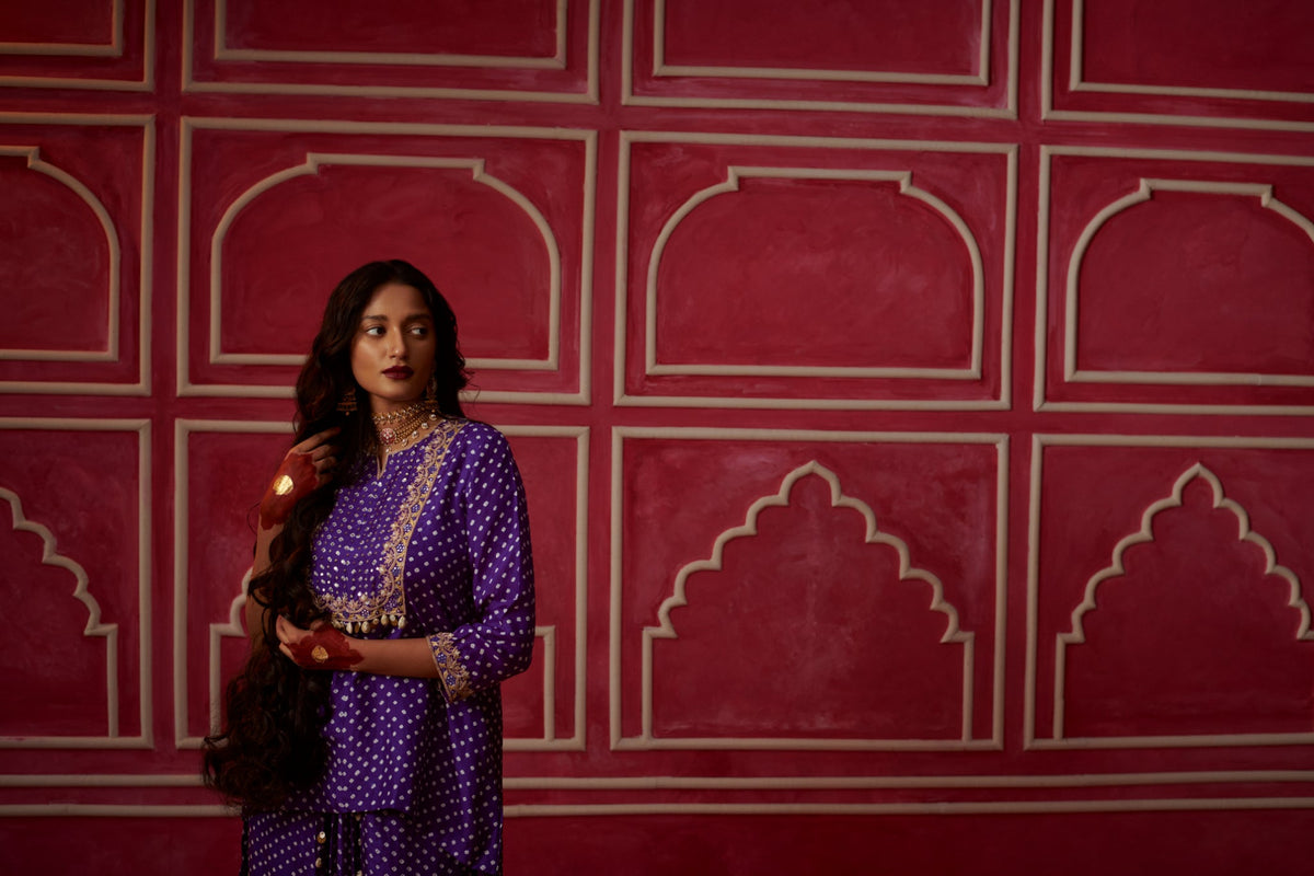 bandhni short kurta with drape trouser