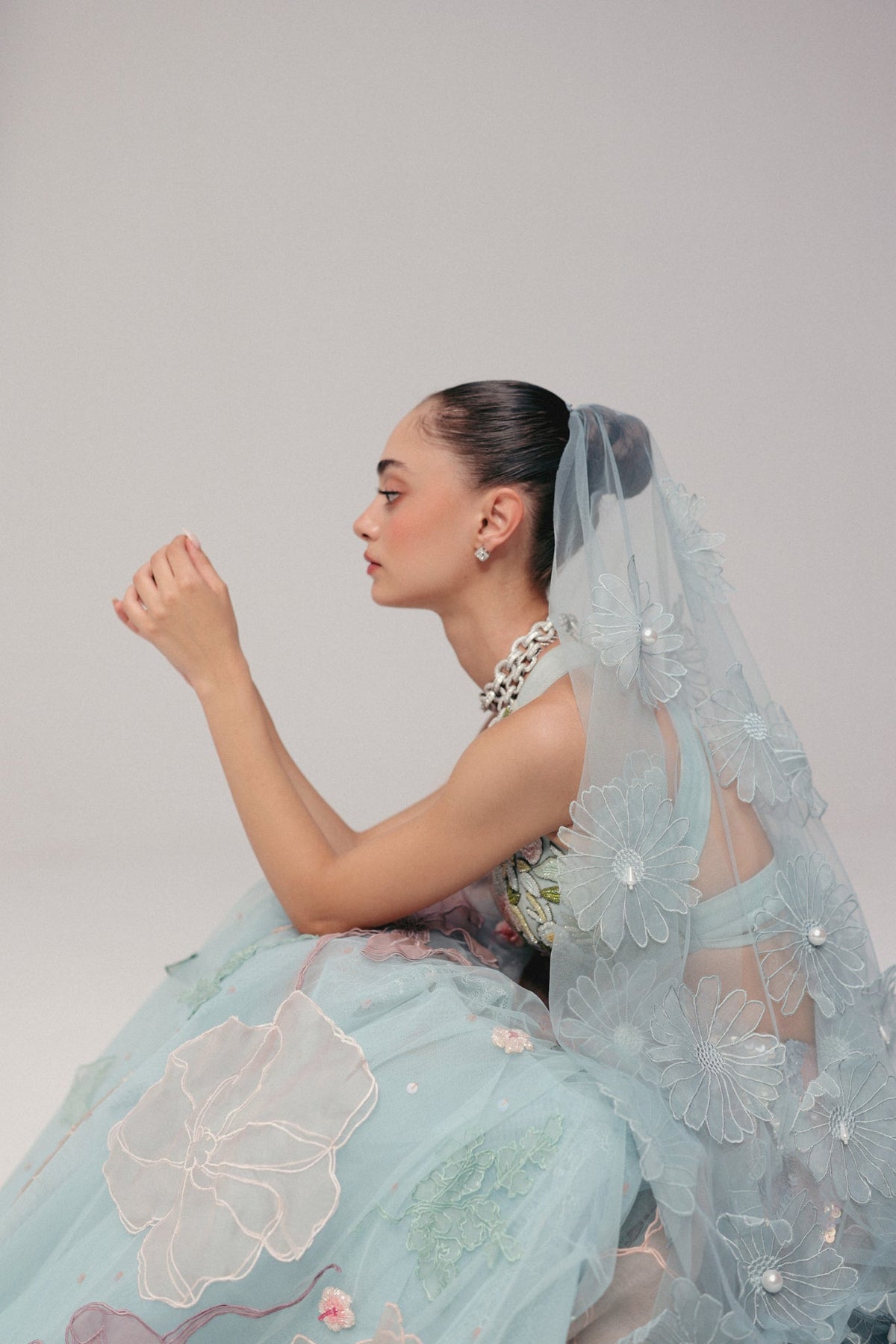 Floral & Zardosi Embroidery, Tulle & Silk with French Lace, Skirt Set, Crop Silhouette