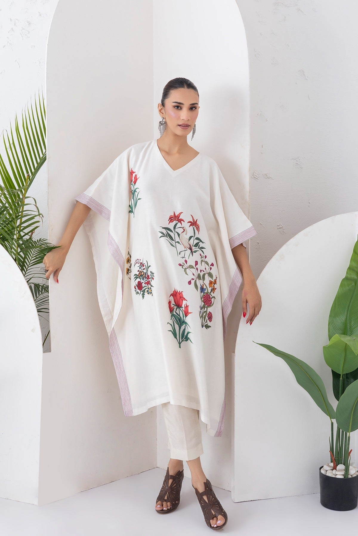 Ivory Silk Chanderi Floral Printed Kaftan Set (2 PCS)
