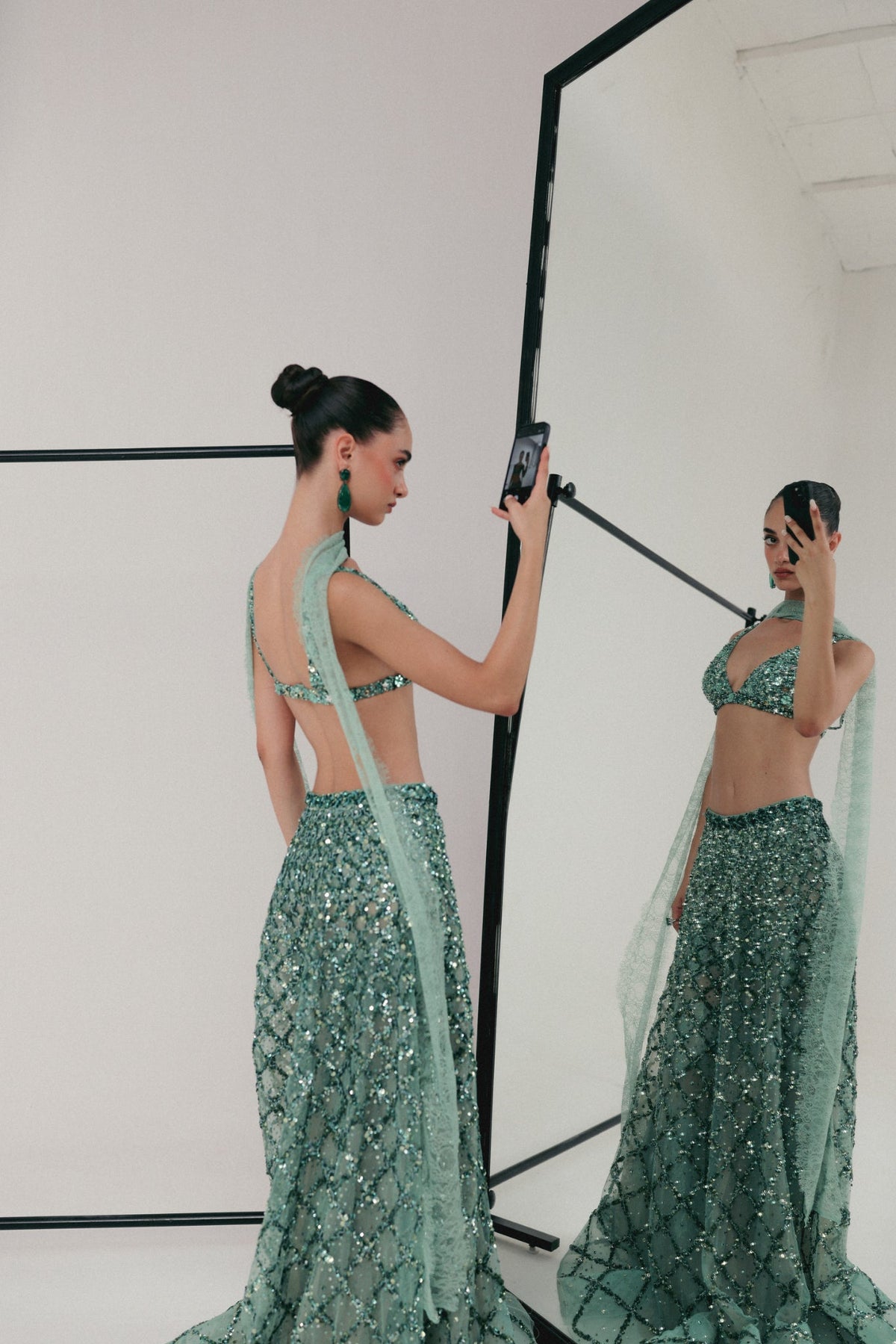 Sequin & Zardosi Embroidery, Soft Tulle & Silk with French Lace, Skirt Set, Blouse and Flared Silhouette