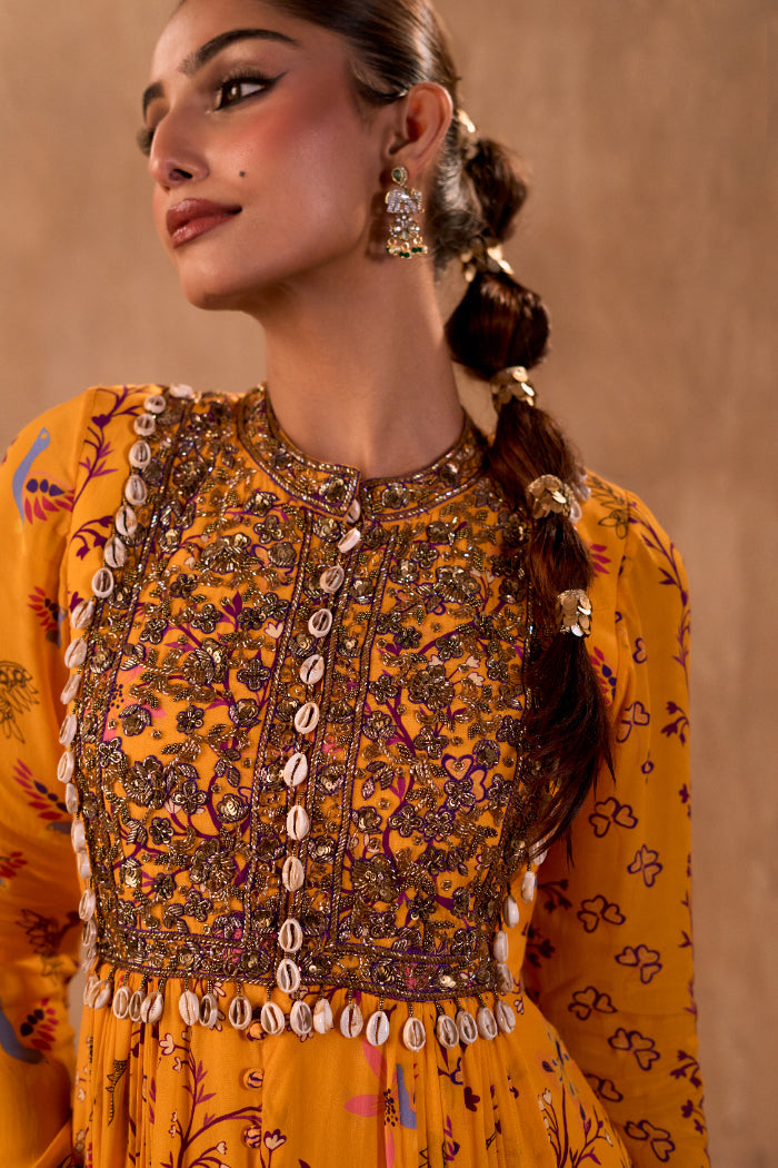 YELLOW PRINT EMBROIDERED ANARKALI AND DUPATTA SET - image 8