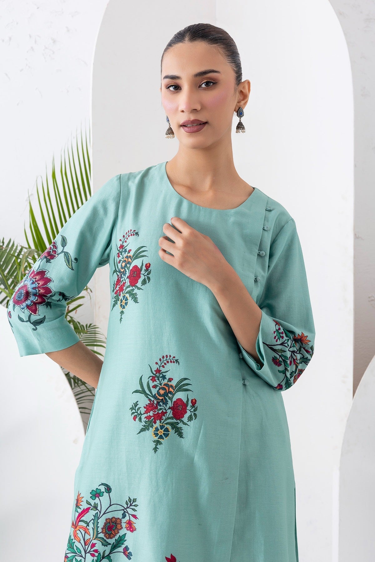 Mint Silk Chanderi Floral Boota Printed Dress Set (2 PCS)
