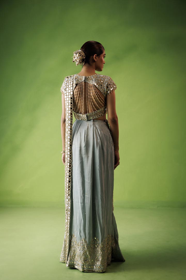 Powder blue mirror drape saree set