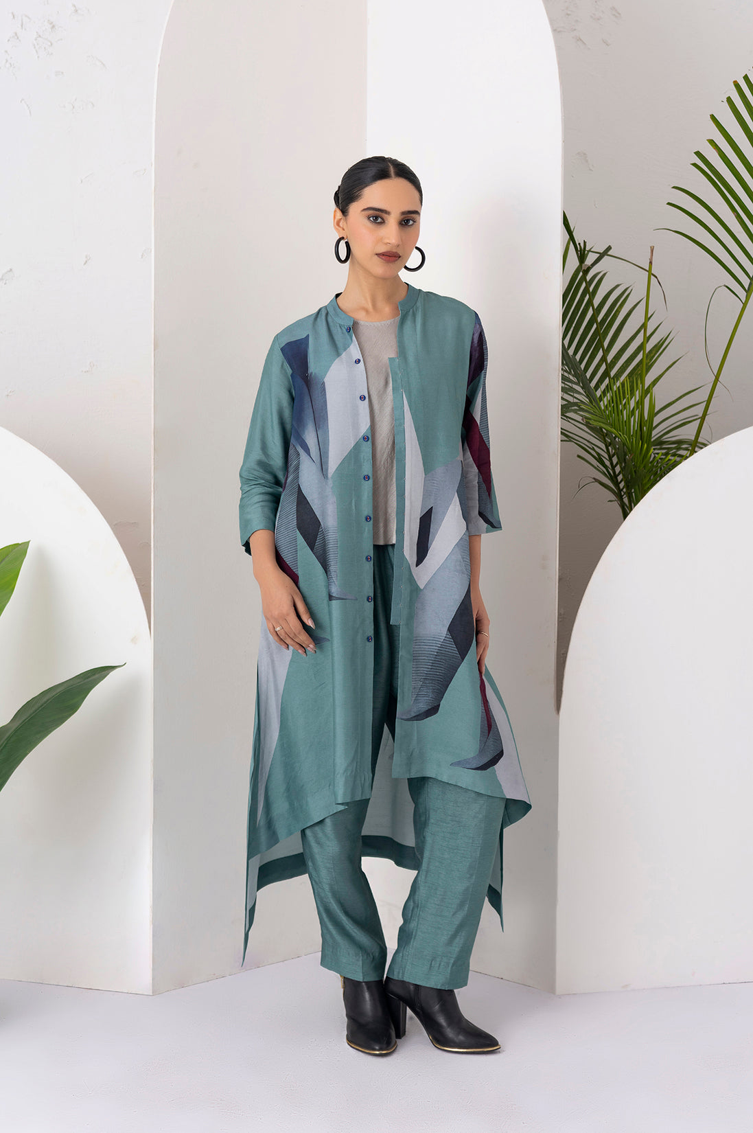 Sage Green Viscose Dupion Printed Dress (1 PC)