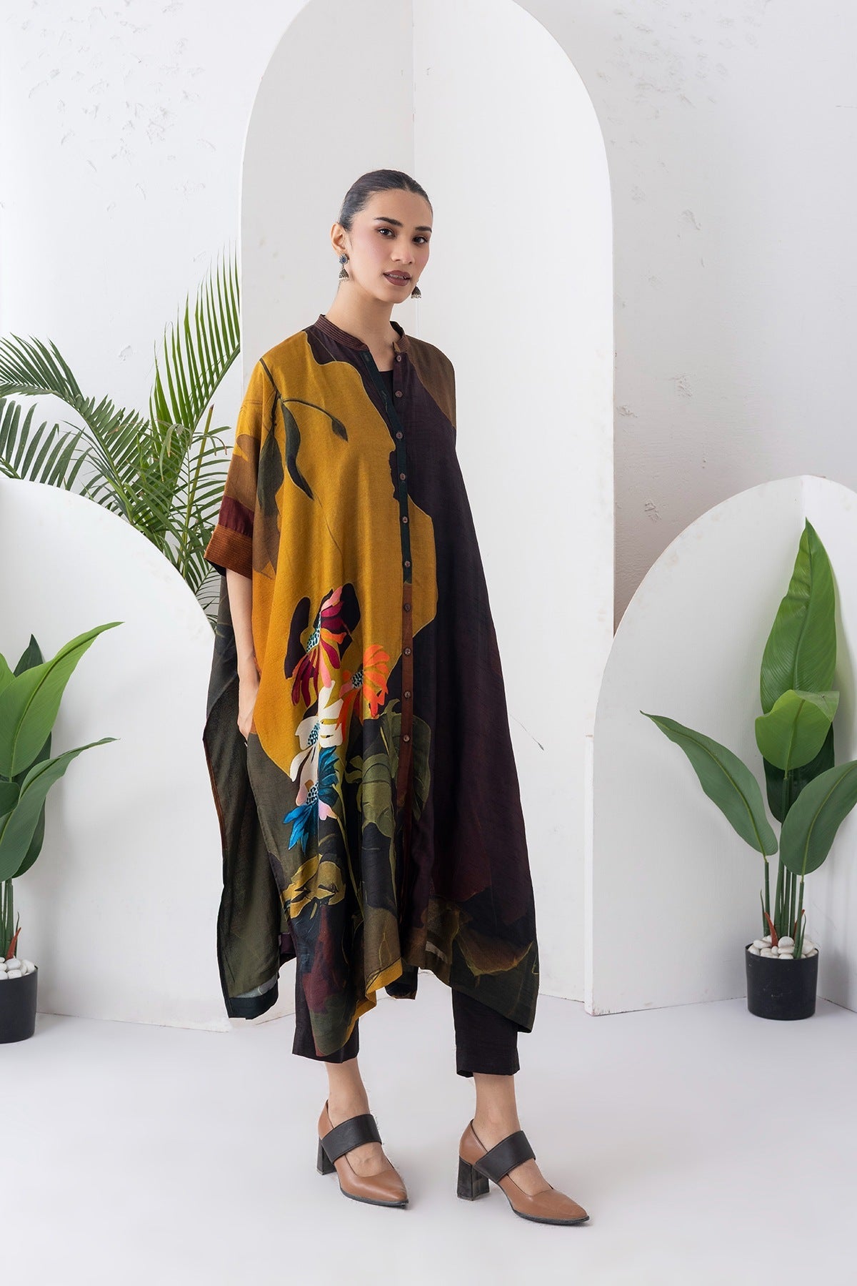 Mustard & Brown Viscose Dupion Printed Kaftan Style Dress Set (3 PCS)