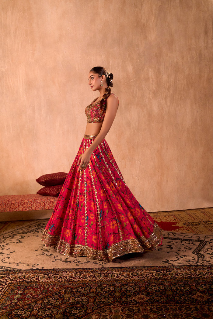 PINK PRINT EMBROIDERED CHOLI, LEHENGA AND DUPATTA SET - image 8