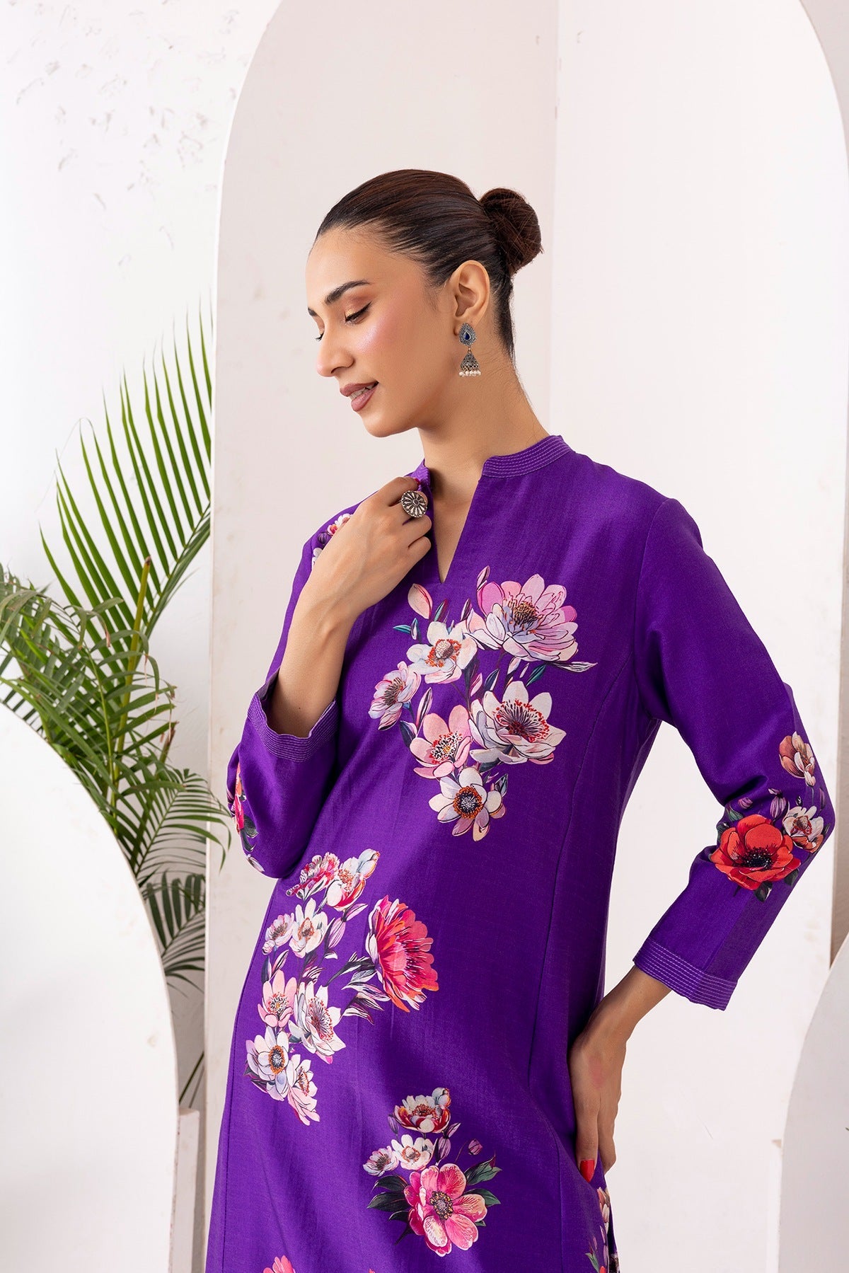 Royal Purple Silk Chanderi Printed Tunic Set (2 PCS)