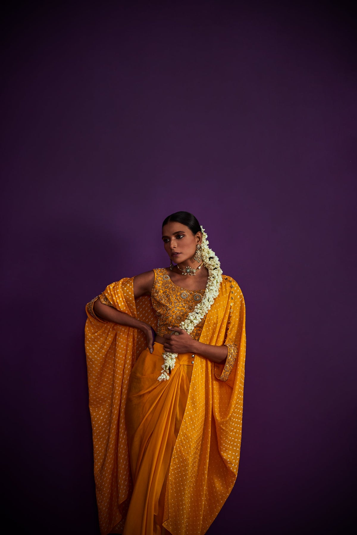 Bandhani Cape Set With Heavily Embroidered Crop Top