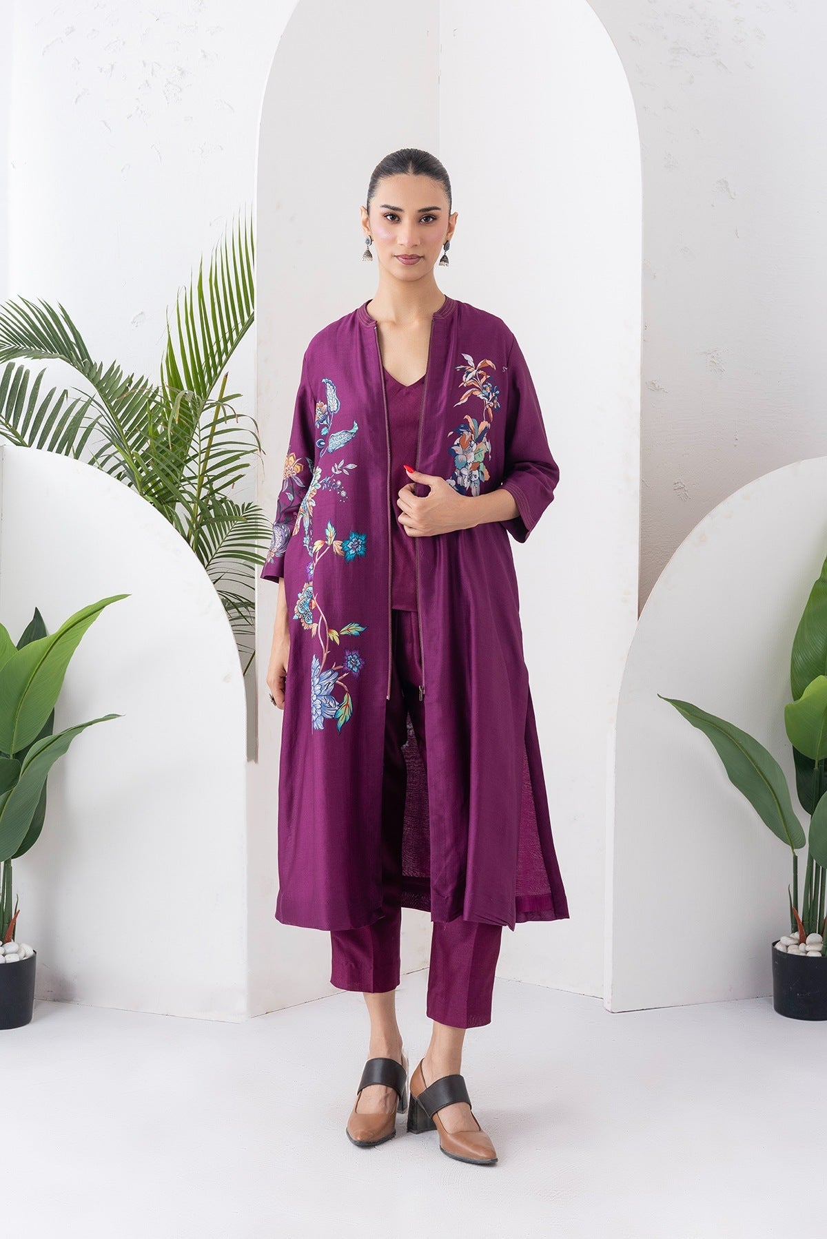 Wine Silk Chanderi Floral Printed Front Open Dress Set (3 PCS)