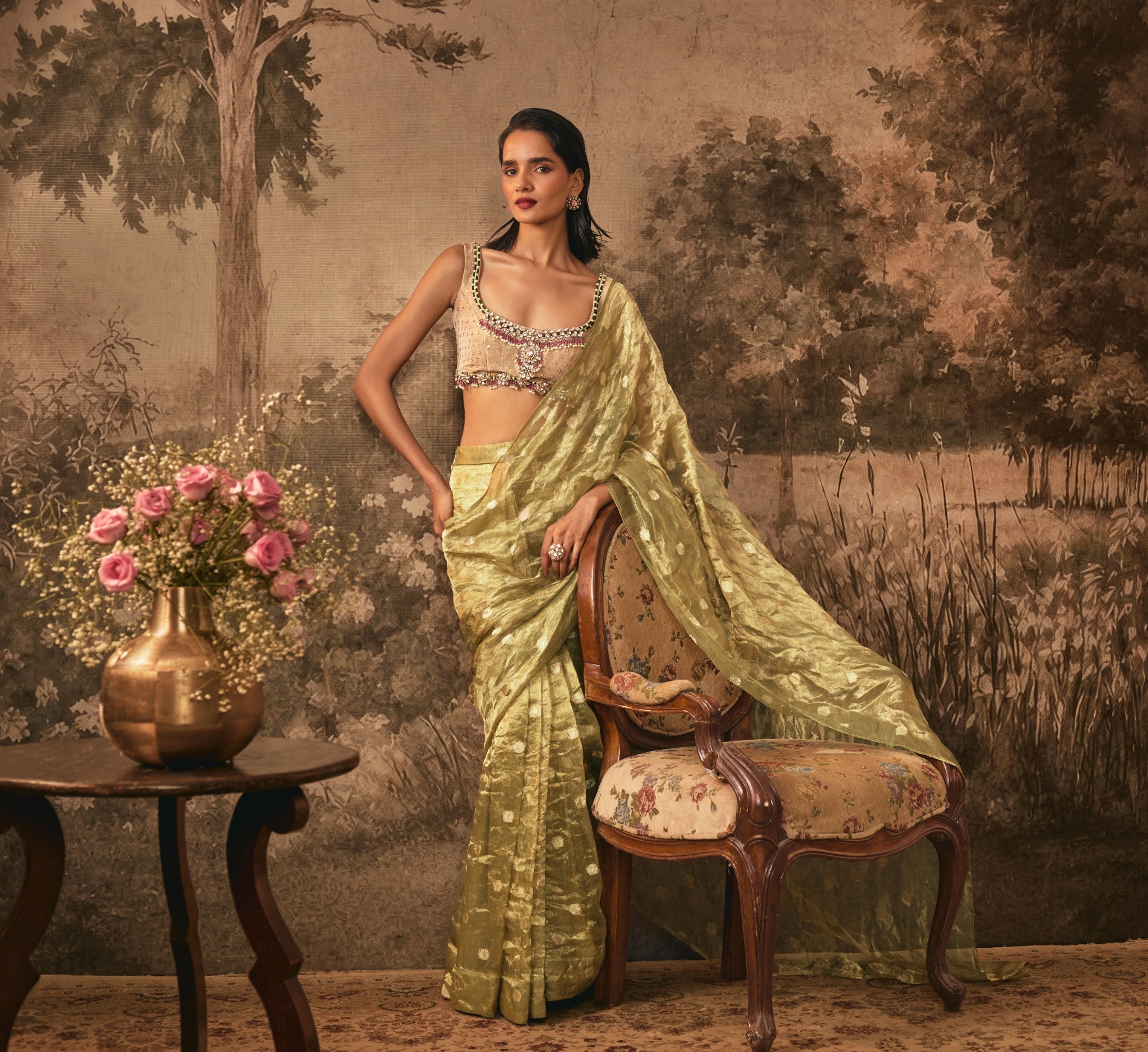 METALIC OLIVE TISSUE SILK PRE-DRAPED SAREE WITH EMBELLISHED BLOUSE