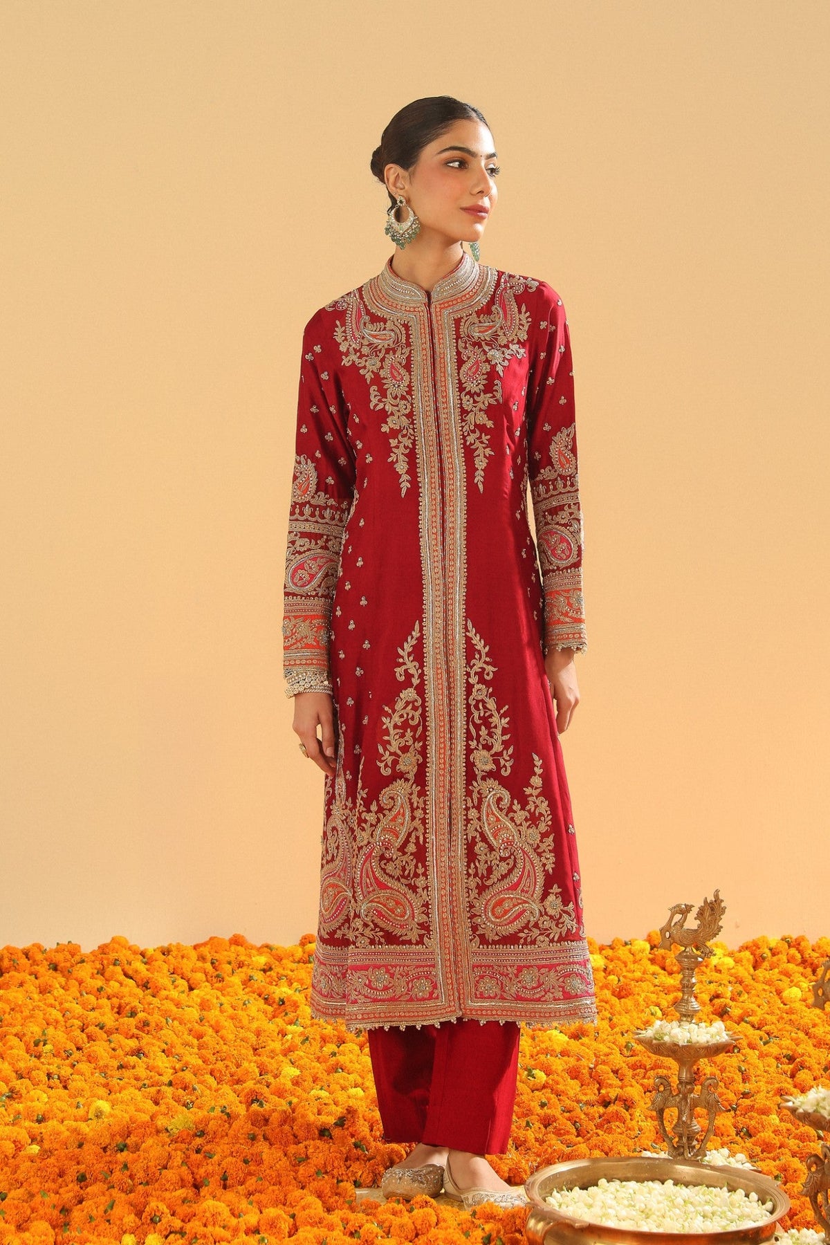 Minara - Deep Red Long A-line Jacket with Pant and Dupatta