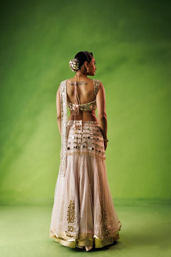Baby pink mirror work saree set