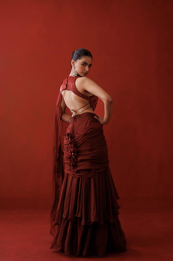 Maroon ruffle saree set