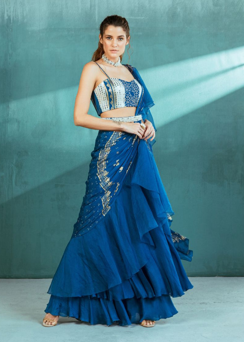 Blue Chiffon Draped Saree Set