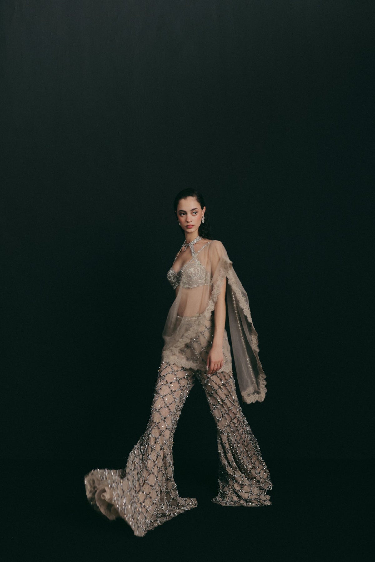 Zardosi Filigree Embroidery, Tulle & Silk with French Lace, Pant Set, Halter Crop Silhouette