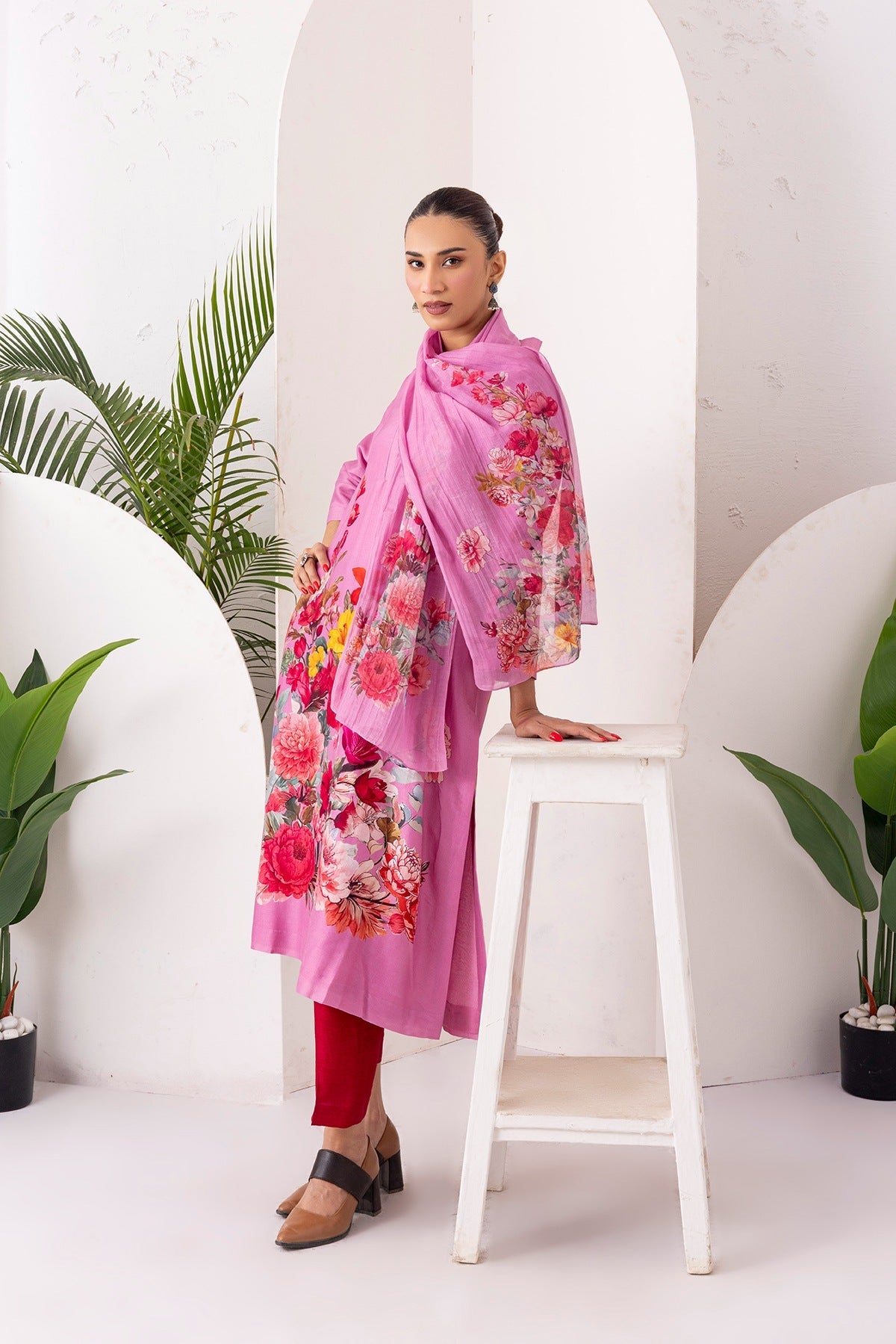 Salmon Pink Silk Chanderi Printed Tunic Set (2 PCS)