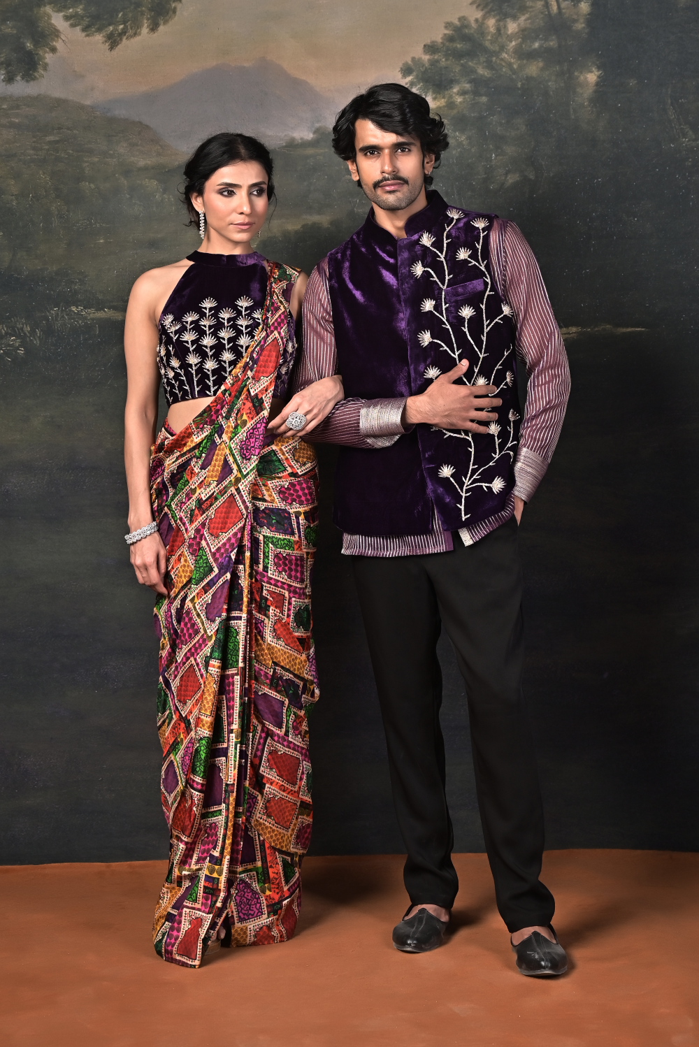 Hand-Embroidered Halter Neck Velvet Blouse with Pure Silk Jharokha Pre-Draped Saree