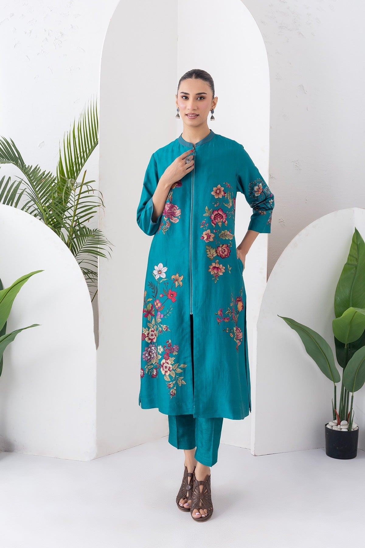 Emerald Silk Chanderi Floral Printed Front-Zip Dress Set (3 PCS)