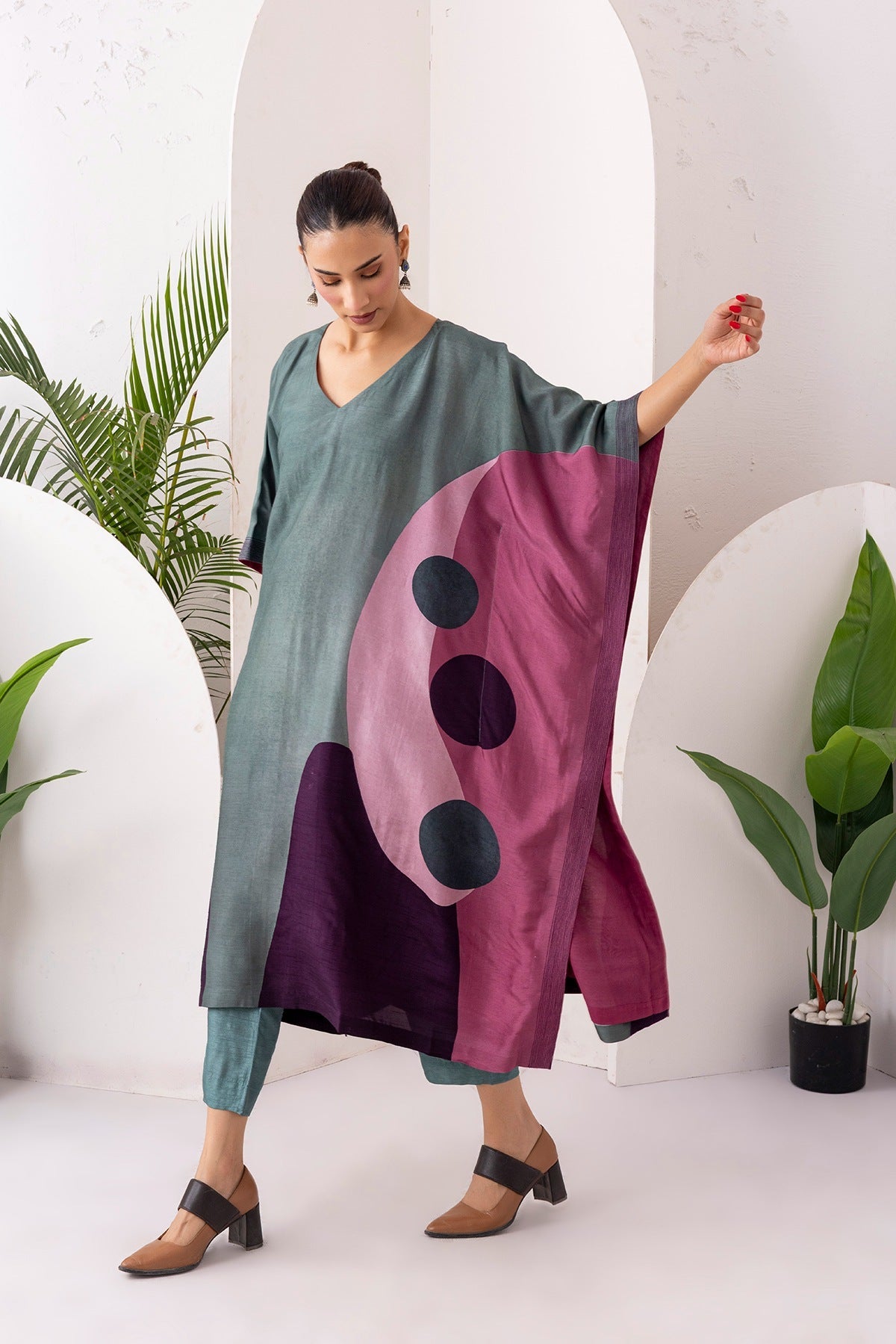 Sage Green & Salmon Pink Viscose Dupion Printed Kaftan Set (2 PCS)
