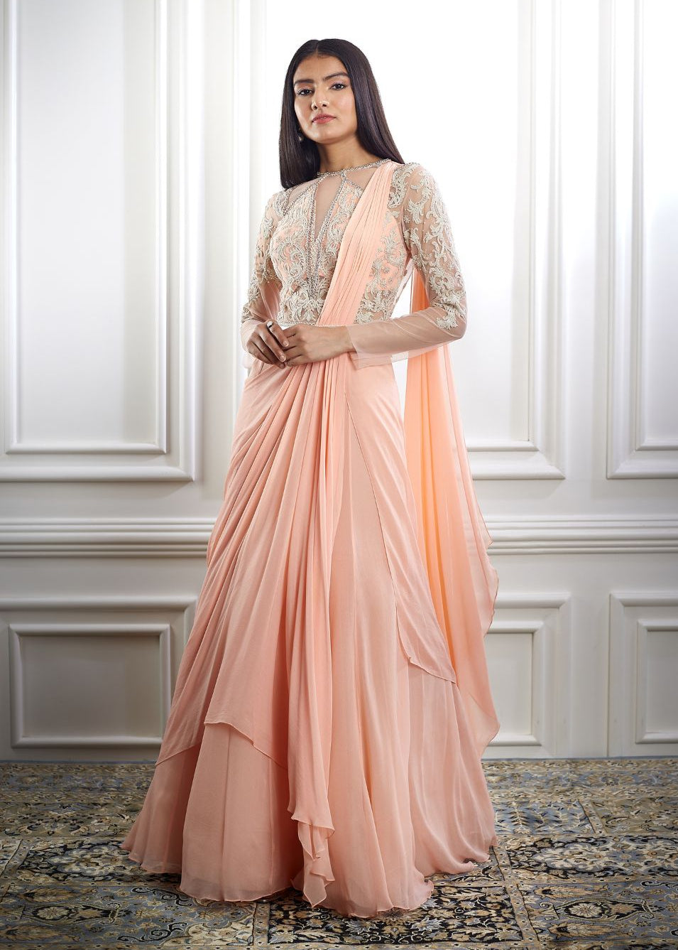 Peach Drape Dori Embroidered Saree