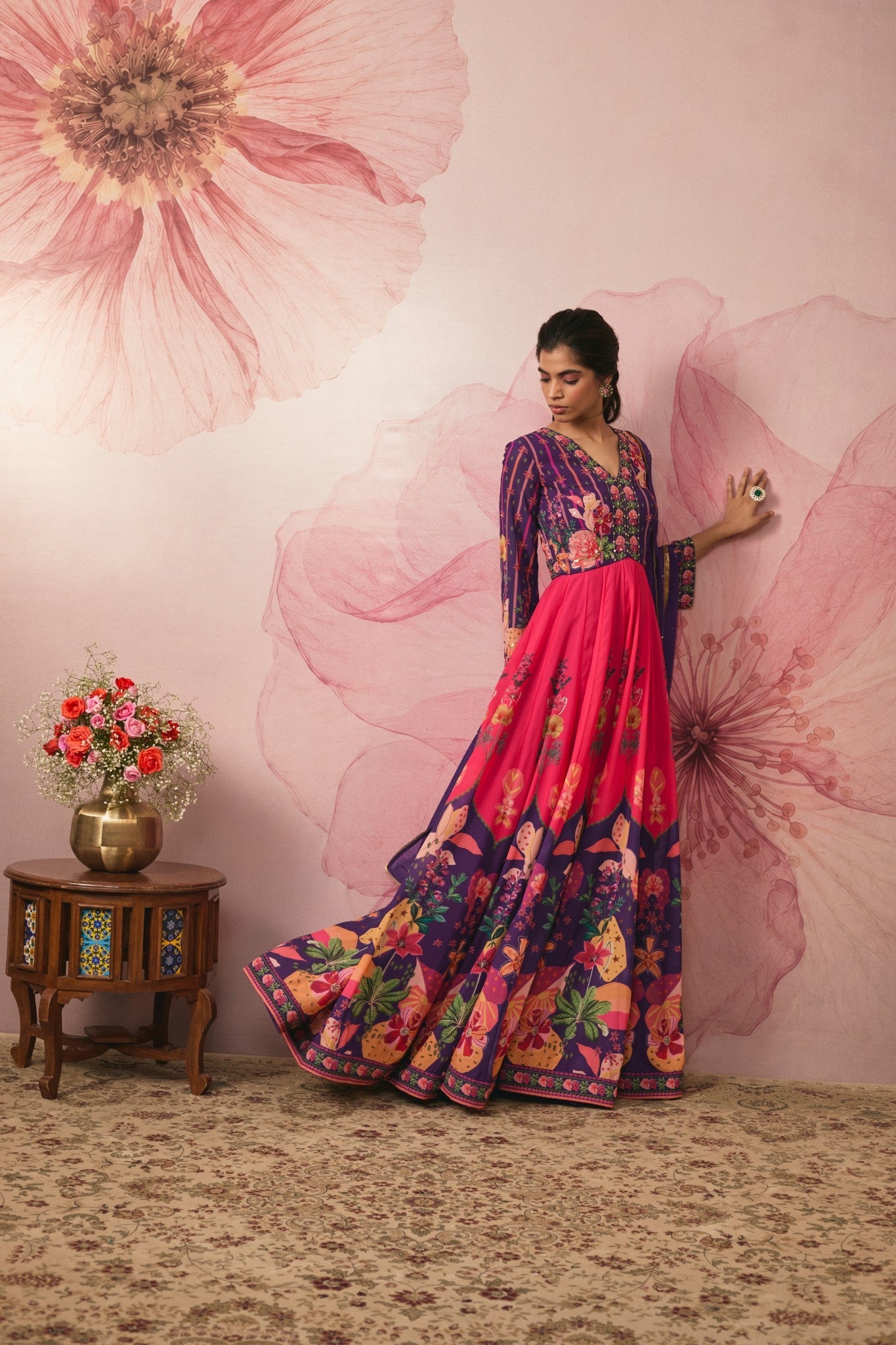 VIOLET FLORAL PRINTED COLOR BLOCK GOWN SET