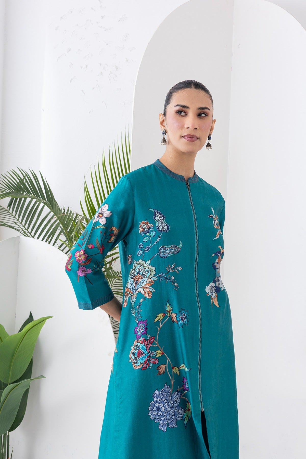 Emerald Silk Chanderi Floral Printed Front Open Dress Set (3 PCS)
