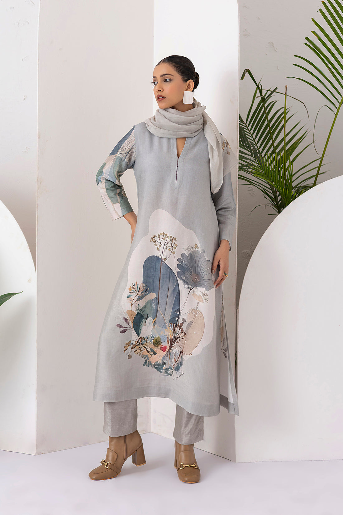 Grey Thin Chanderi Printed Stole (1 PC)